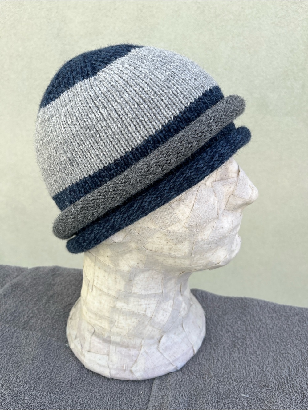 Handmade Knit Beanie Hat in Gray and Navy with Rolled Brim